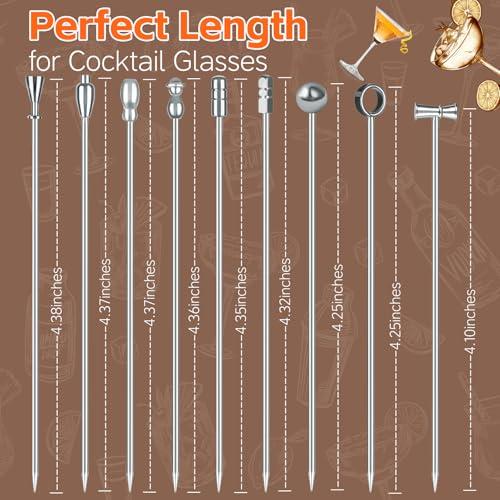 Silver 9 Pcs Stainless Steel Martini Cocktail Picks Set - Reusable Garnish Skewers