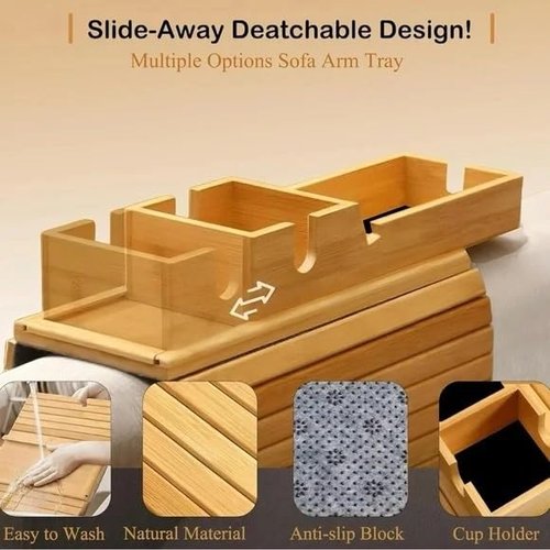 Couch Armrest Table Set of 2 - with Detachable Couch Cup Holder Tray | Foldable Non-Slip Bamboo Sofa Arm Tray for Remotes, Phones, Drinks and Snacks | Space-Saving Arm Rest Table - 17.7" x 12.8