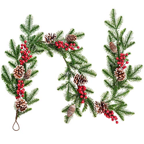 6FT Artificial Christmas Pine Garland with Red Berries & Pine Cones - Holiday Decor
