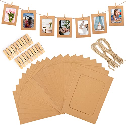 20-Piece Kraft Paper Photo Frame Set with Twine and Wooden Clips for Hanging