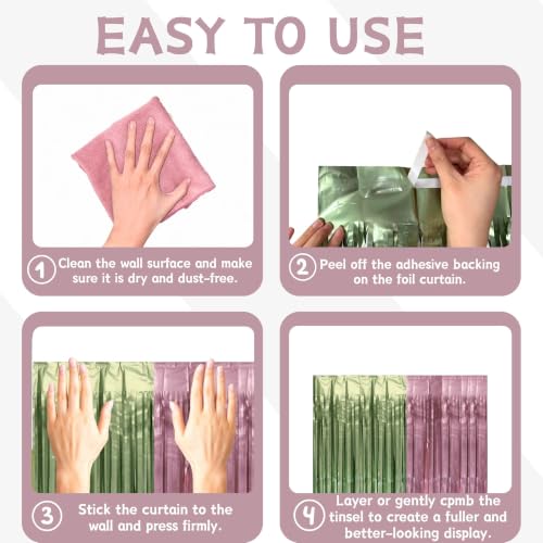 Dusty Pink & Sage Green Foil Fringe Curtain Backdrop - 2 Pack (3.3 x 6.6 ft)