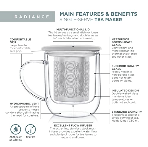 Teabloom Snow White Tea-For-One Steeping Mug, 12 oz Insulated Glass with Stainless Steel Infuser & Porcelain Lid