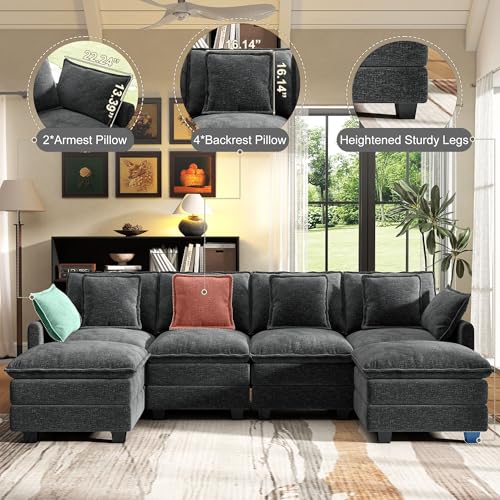 107" Modular Cloud Sectional Sofa with Ottomans, Deep Seat Couch
