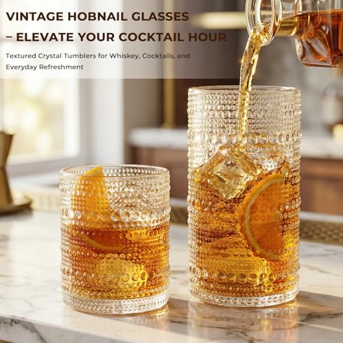 12-Piece Vintage Hobnail Drinking Glass Set with Stainless Steel Straws