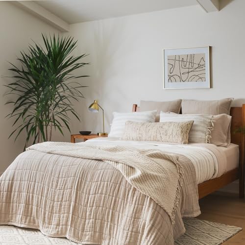 Calm White Beige Stripe King Duvet Cover - Cotton-Linen Blend