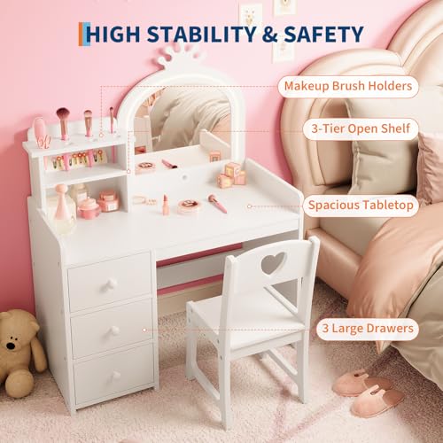 Kids Vanity Set with Crown Mirror, 3-Color LED Lights, and Chair