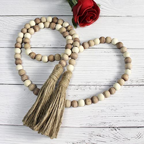 Rustic Farmhouse Wood Bead Garland with Tassels, 59-Inch Decorative String