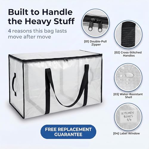 Heavy Duty Moving Bags with Backpack Straps and Zippers 6-Pack Clear
