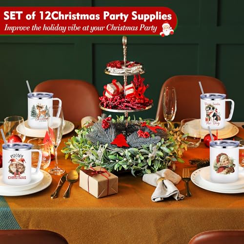 Umigy Nostalgic 12-Pack Christmas Coffee Mugs 17oz with Lids & Straws