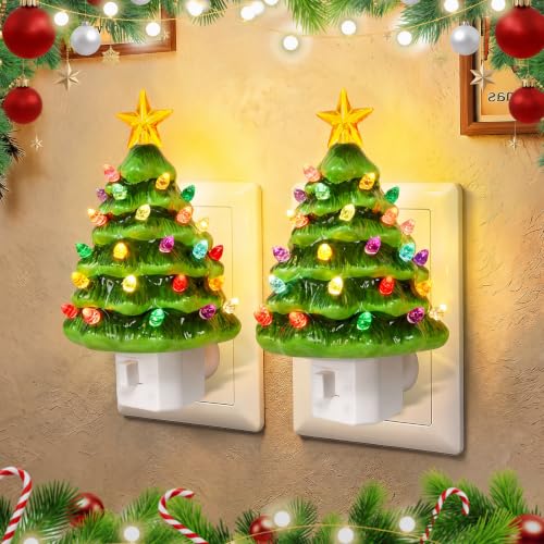 Brightown 2 Pack Christmas Tree Night Light - Vintage Ceramic with Yellow Star, 7W UL Bulb, Swivel Plug