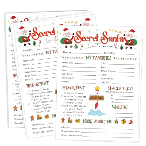 White Secret Santa Questionnaire Cards – 25 Fill-In 5x7 Gift Exchange Forms
