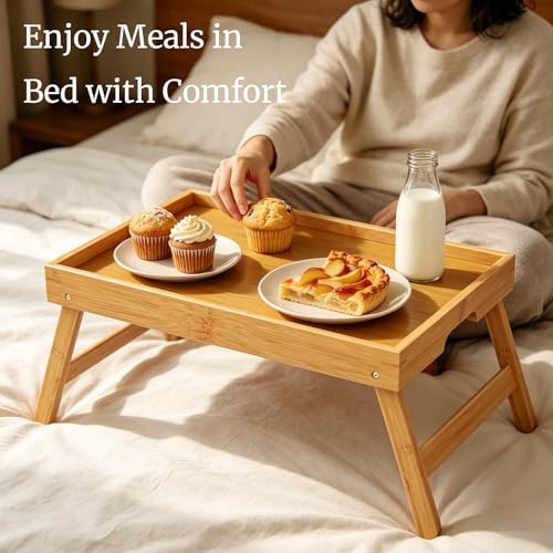 Bamboo Bed Tray Table with Folding Legs, Set of 2 Breakfast Trays