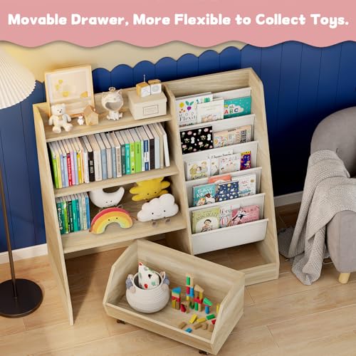 4-Tier Kids Bookshelf and Toy Storage Organizer with Rolling Drawer, Oak