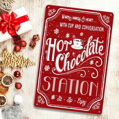 Red Hot Cocoa Bar Sign - 8x12 inch Christmas Tin Metal Decor