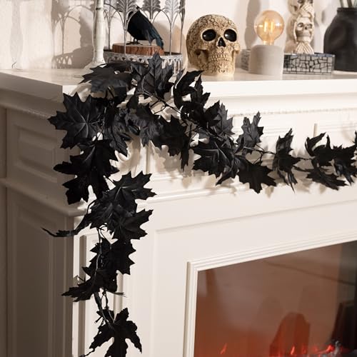 9ft Pre-Lit Black Maple Leaf Halloween Garland with Lights for Mantle