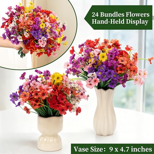 24 Bundles Artificial Flowers for Outdoors - UV Resistant Faux Plants