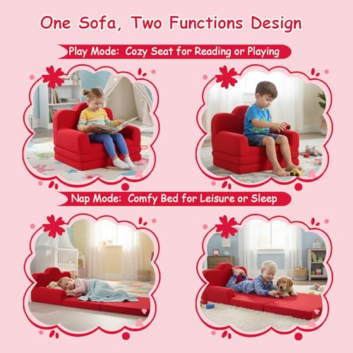 2-in-1 Foldable Kids Sofa and Lounger, Soft Toddler Chair with Washable Cover