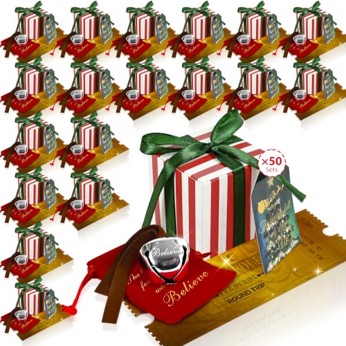 Kuabiz 50 Sets Christmas Believe Bells with Red Velvet Bags & Gift Boxes - Santa Sleigh Ringtone Ornaments