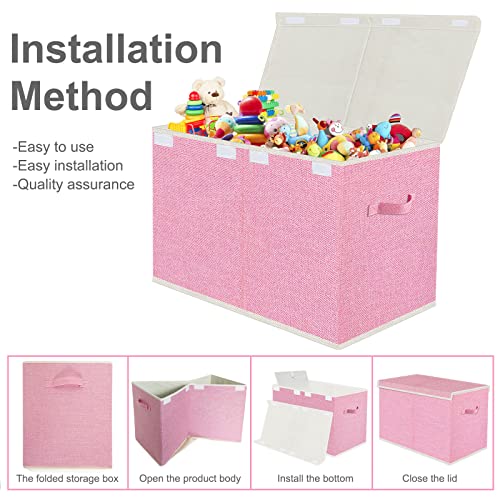 82L Collapsible Toy Storage Box with Lid, Pink Fabric Organizer Bin