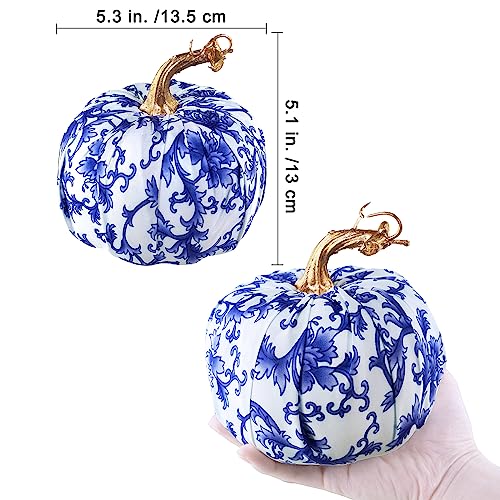 Set of 4 Blue and White Fabric Pumpkins - Chinoiserie Fall Table Decor