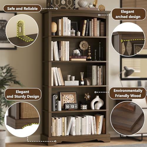 5-Tier Arched Wooden Bookshelf, 65-Inch Tall Modern Display Bookcase