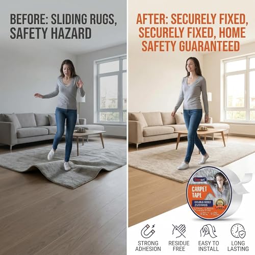 Heavy Duty Double Sided Carpet Tape - 2" x 10 Yds, Residue-Free Rug Adhesive