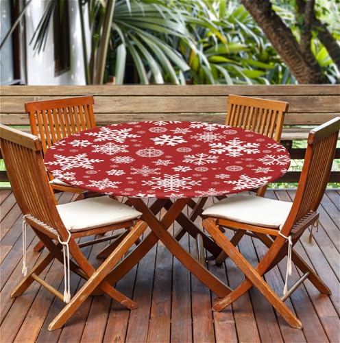 Yesad Christmas Snow Round Table Cover 60 Inch Fitted Elastic Tablecloth for Indoor Outdoor Holiday Events