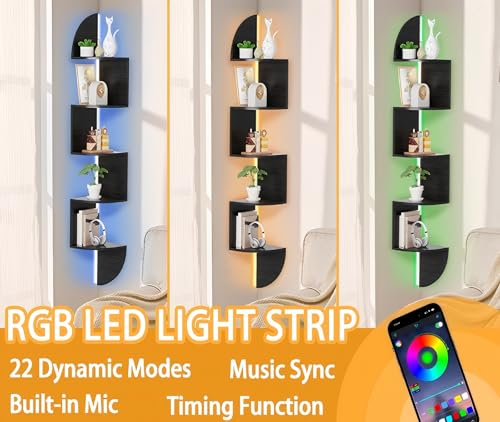 5-Tier Corner Wall Shelf with App-Controlled LED Lighting, Black