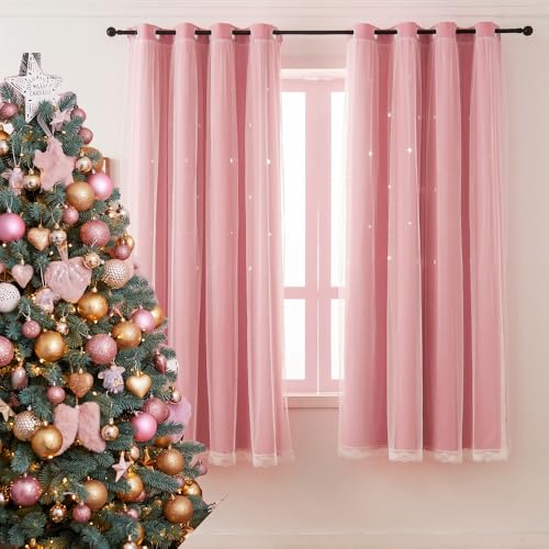 Pink Blackout Curtains with Star Cutouts, 63-Inch Double Layer Nursery Drapes