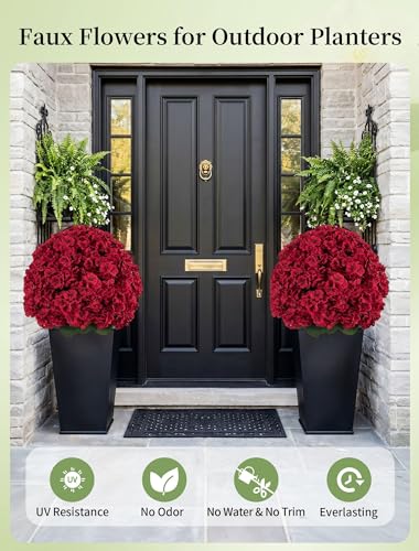 Set of 2 Artificial Red Geraniums with Ground Stakes, 29-Inch Outdoor Faux Plants