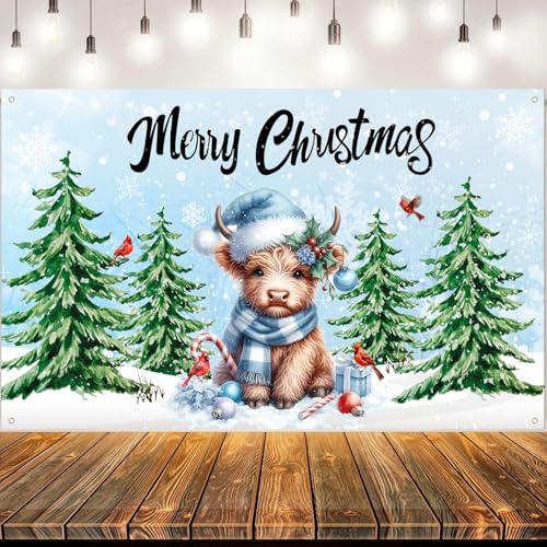 Nezfor Christmas Banner 44x72in Highland Cow Pine Tree Decor for Parties