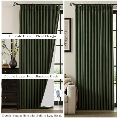 Olive Green Linen Pinch Pleated Blackout Curtains 40W x 95L (Pack of 2) – 95" Long