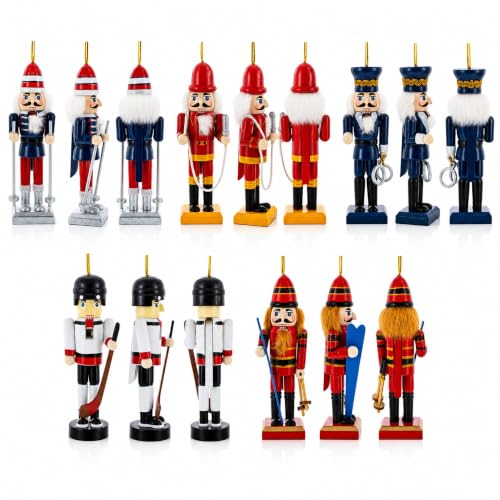 Set of 5 Wooden Nutcracker Christmas Ornaments - Hand-Carved Holiday Figures