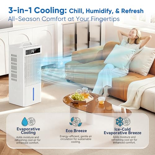 Portable Evaporative Air Cooler Fan 2 Modes, 6 Speeds, 20H Cooling 38dB