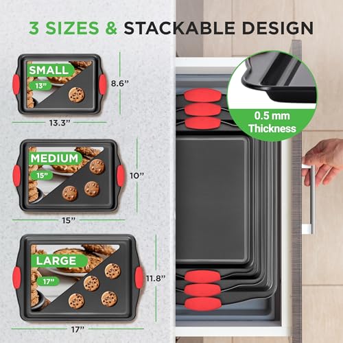 3-Piece Nonstick Cookie Sheet Set - Carbon Steel Baking Pans, Silicone Handles