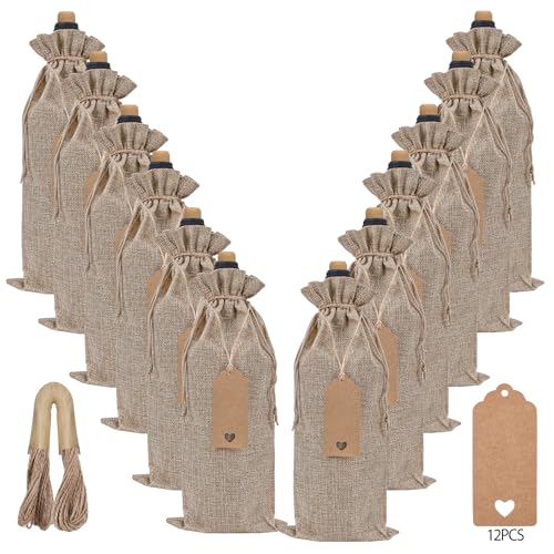 12-Pack Burlap Wine Gift Bags with Drawstring, Tags, and Jute Rope