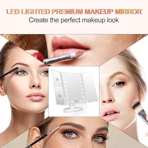 Flymiro Tri-fold Lighted Vanity Makeup Mirror with 3x/2x