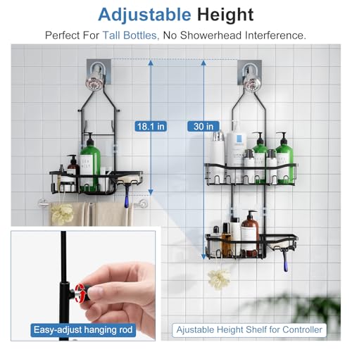 Joqixon Extended Length Shower Caddy Organizer with Hooks, Rustproof Stainless Steel Hanging Shampoo and Soap Holder