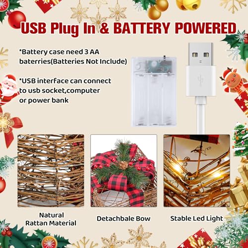 Christmas Gift Box Set with LED Lights, Rustic Rattan Decor, 3 Sizes