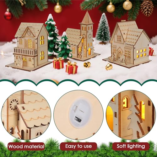3-Piece LED Light-Up Wooden Christmas Village Houses - Holiday Decor