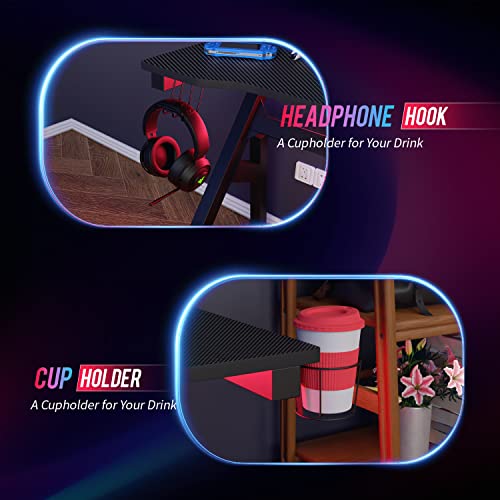 47-Inch R-Shaped Gaming Desk with Carbon Fiber Texture and Cup Holder