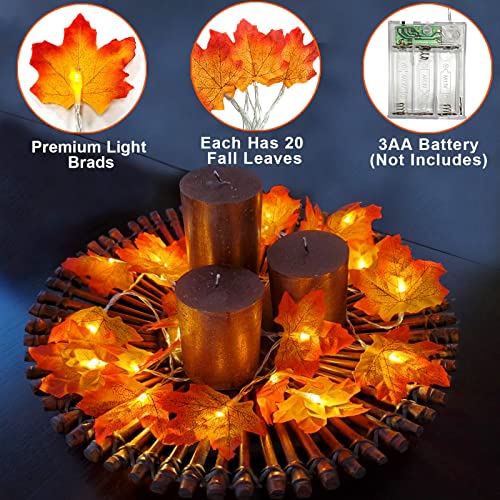 TURNMEON Fall Garland with Lights 20Ft 40LED Maple Leaves Autumn Decor