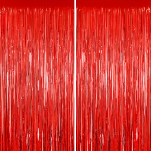 Red Tinsel Backdrop 2 Pack Foil Fringe Curtains for Party Decor, 39.4"W x 78.7"L