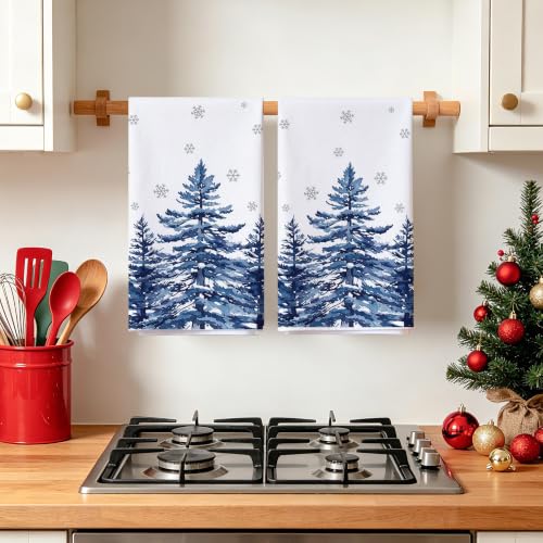 Bonsai Tree Christmas Kitchen Towels 18x28in - Blue Pine Tree Design (2-Pack)