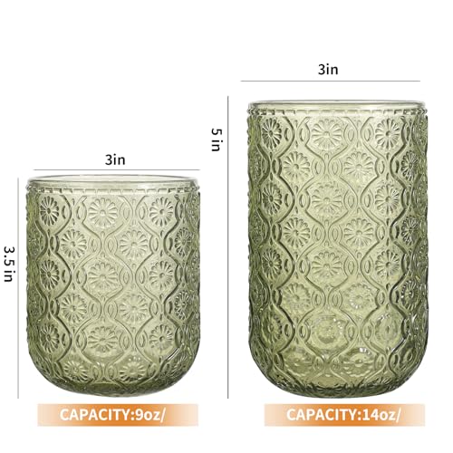 WeirdUncle Green Vintage Embossed Glassware Set - 8 Pieces, Highball & Rocks Glasses, 14oz & 9oz, Elegant Drinkware for Wine, Cocktail, Whiskey, Gift