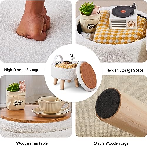 Round Teddy Velvet Storage Ottoman with Wood Legs, Cream Footstool