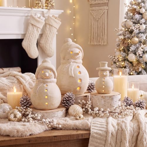 Yungyan 3 Pcs Terracotta Christmas Snowman Figurines with Rustic LED Lighted - Variation: Snowman