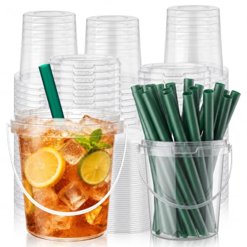 34oz Clear Plastic Drink Buckets with Lids, Handles & Straws — 30 Pack