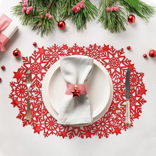 HADEEONG Snowflake Placemats Set of 6 - Red, PVC Dinner Mats 17.7 x 11.8 in