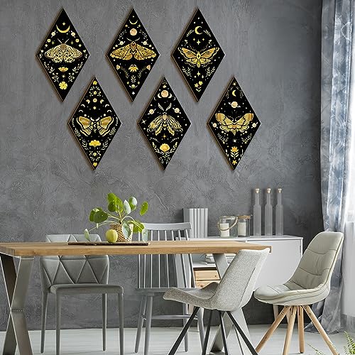 6-Piece Gothic Moth Wall Art Set, Wooden Boho Sun and Moon Hanging Decor